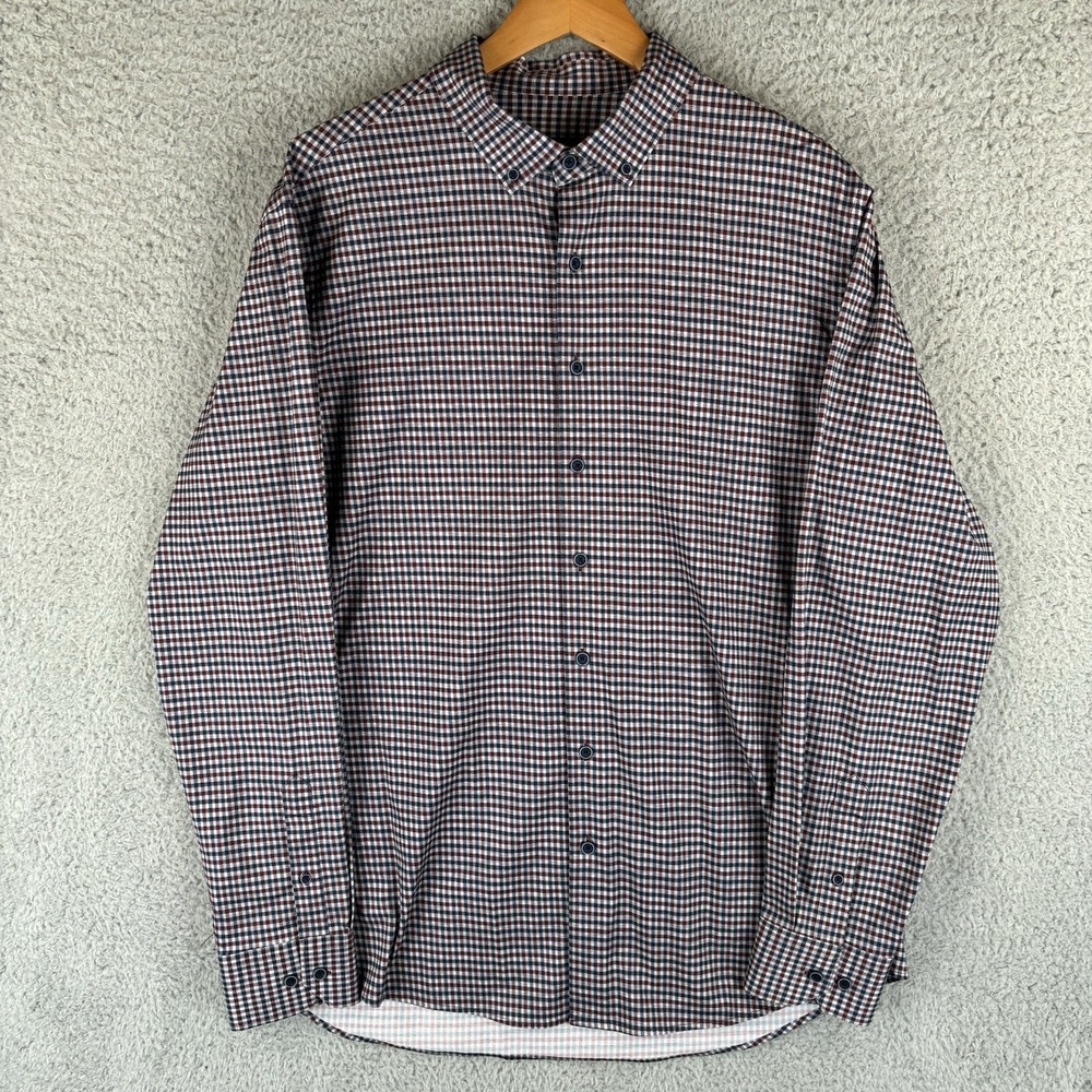 Bugatchi OoohCotton Tech Shirt Mens XL Navy Burgundy Check Stretch Button Down